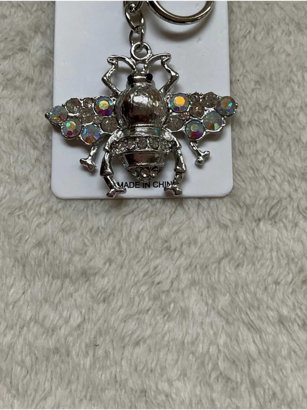Silver Bee Keychain with Iridescent Crystal Wings